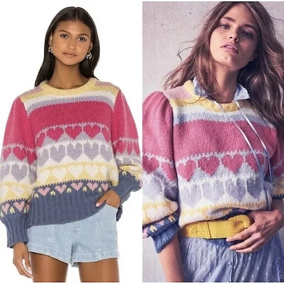 LOVESHACKFANCY Shirelle Puff Sleeve Heart Sweater Wool alpaca Romantic women L - Picture 2 of 13